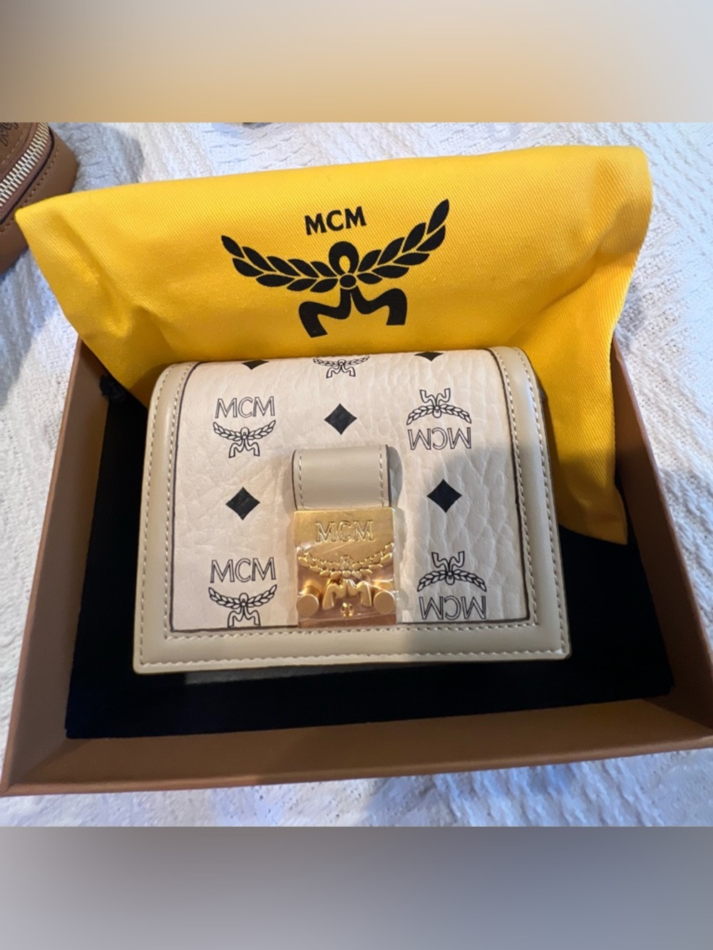 MCM Cream Logo Print Compact Wallet